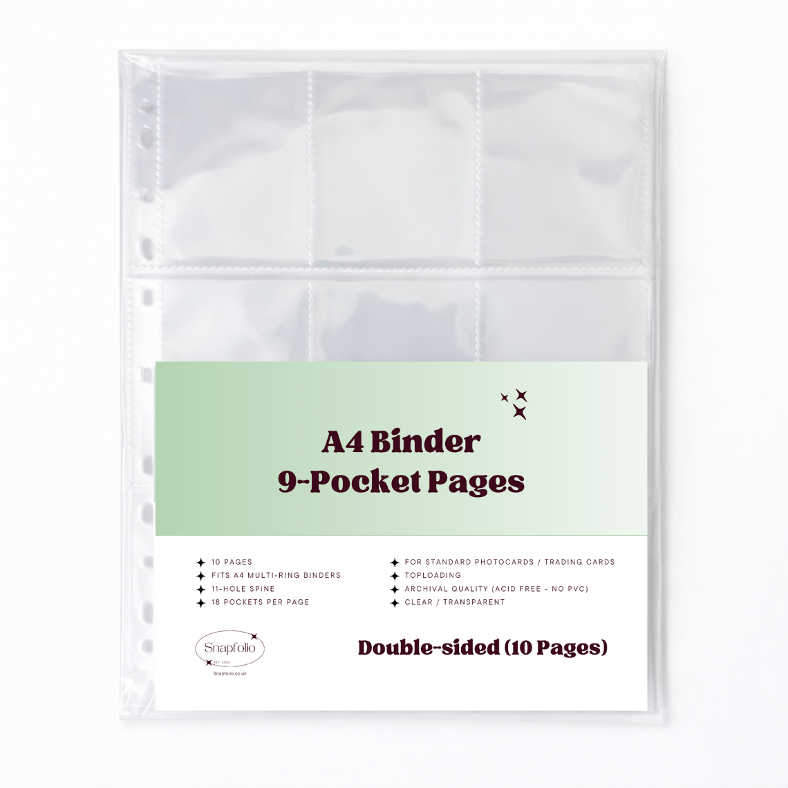 A4 Binder 9-Pocket Pages, Refill, Double-sided (Pack of 10) A4 Binder 9-Pocket Pages, Refill, Double-sided (Pack of 10)